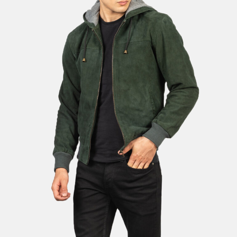 Mens Nintenzo Green Hooded Suede Jacket Close-Up-9-1634135083590